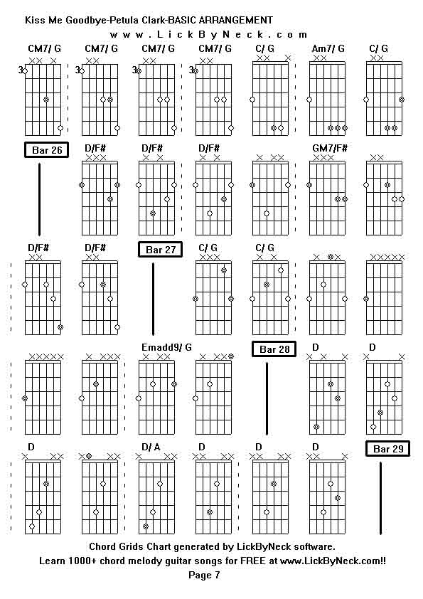 Chord Grids Chart of chord melody fingerstyle guitar song-Kiss Me Goodbye-Petula Clark-BASIC ARRANGEMENT,generated by LickByNeck software.